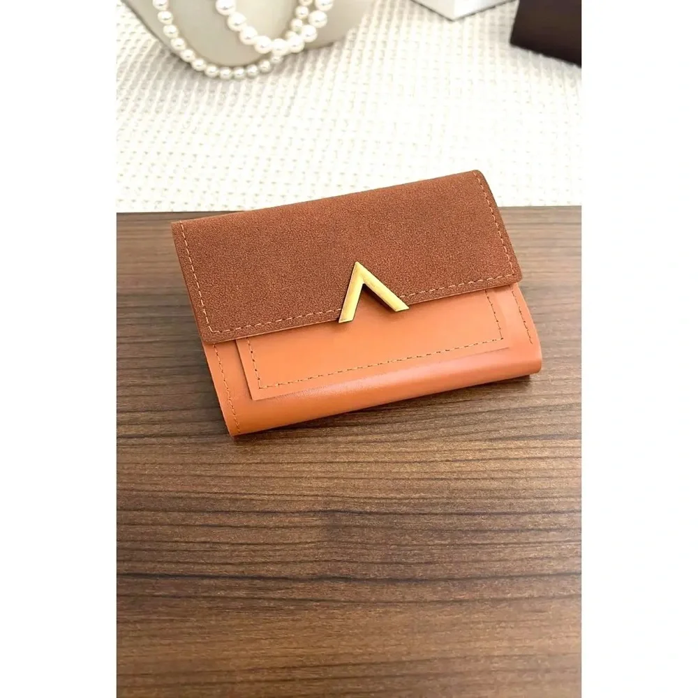 Vegan Leather Trifold Chic Two-Tone Brown Envelope Wallet with Gold Accent